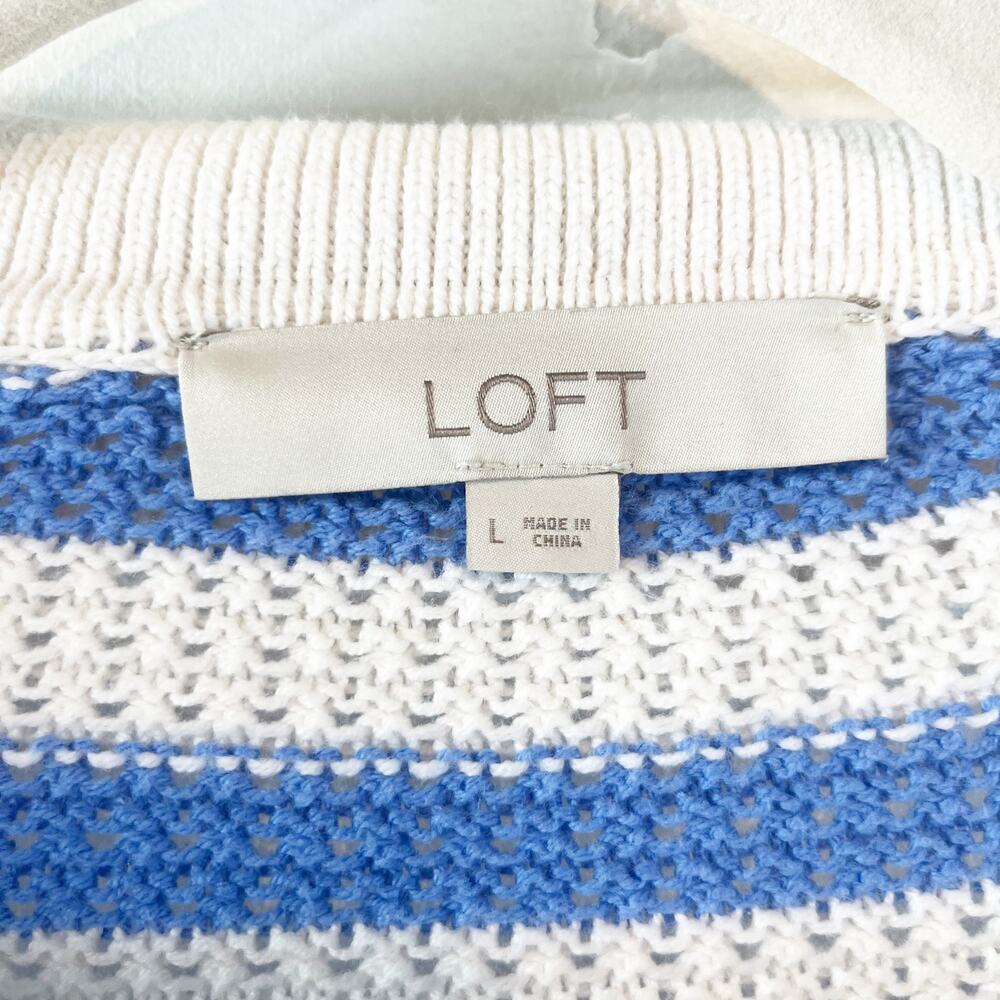 LOFT Striped Short Sleeve Collared Knit Pullover Sweater White Blue Large - Picture 3 of 5